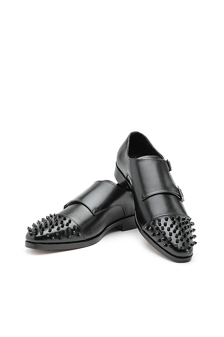 Black Leather Embellished Monk Shoes by SHUTIQ