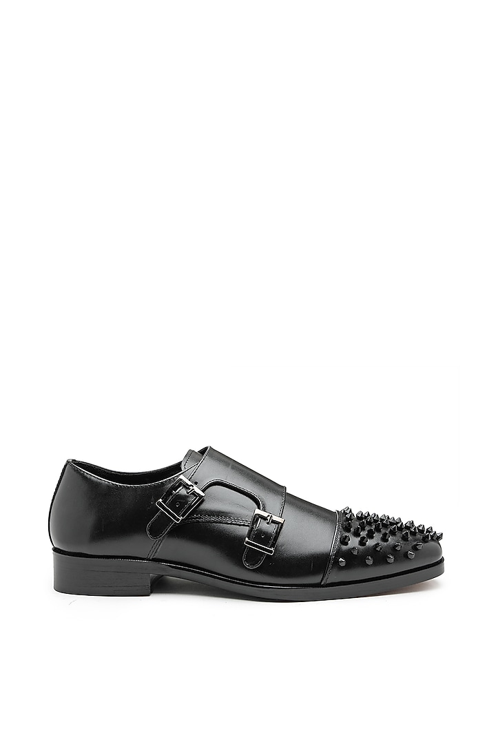 Black Leather Embellished Monk Shoes by SHUTIQ at Pernia's Pop Up Shop