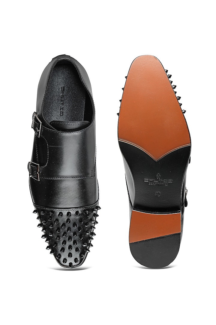Black Leather Embellished Monk Shoes by SHUTIQ at Pernia's Pop Up Shop
