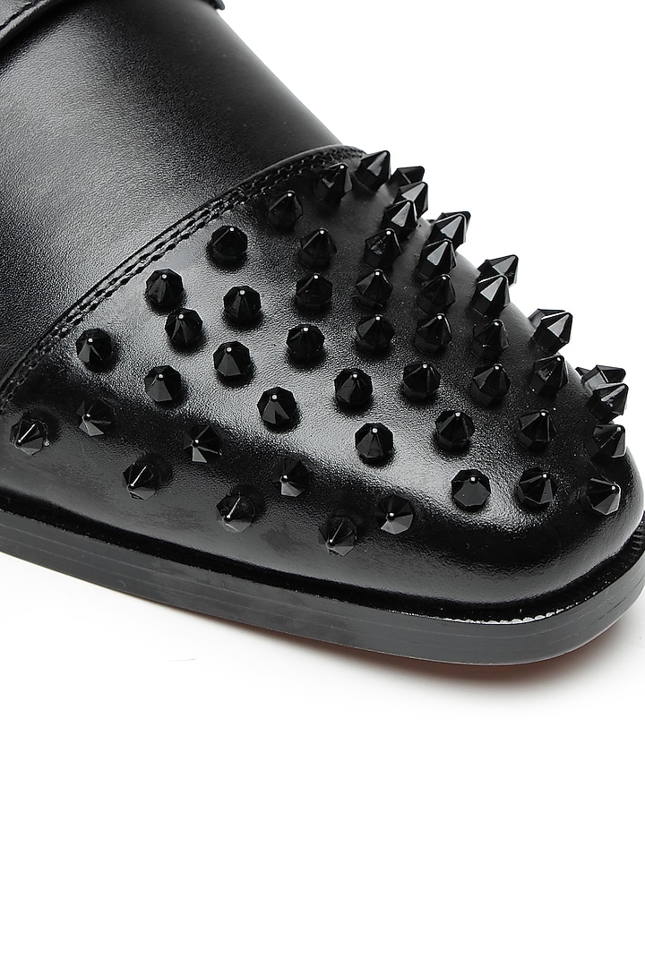 Black Leather Embellished Monk Shoes by SHUTIQ at Pernia's Pop Up Shop