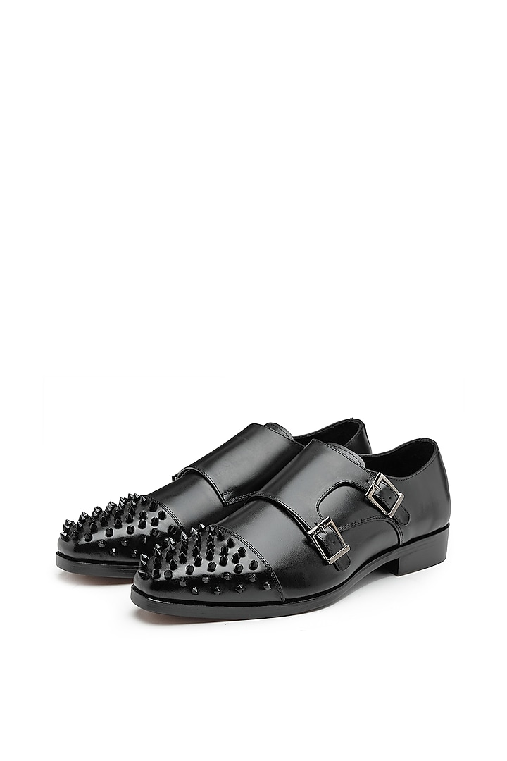 Black Leather Embellished Monk Shoes by SHUTIQ at Pernia's Pop Up Shop