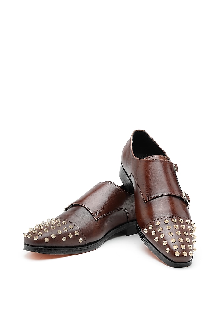 Brown Leather Embellished Monk Shoes by SHUTIQ