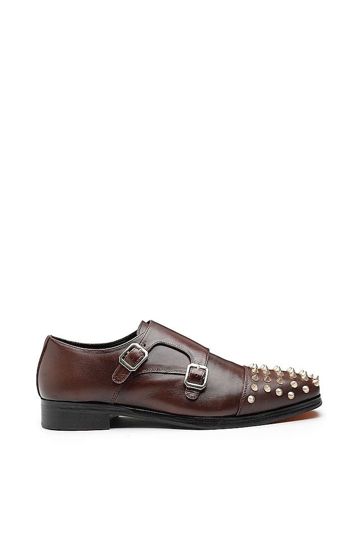 Brown Leather Embellished Monk Shoes by SHUTIQ at Pernia's Pop Up Shop