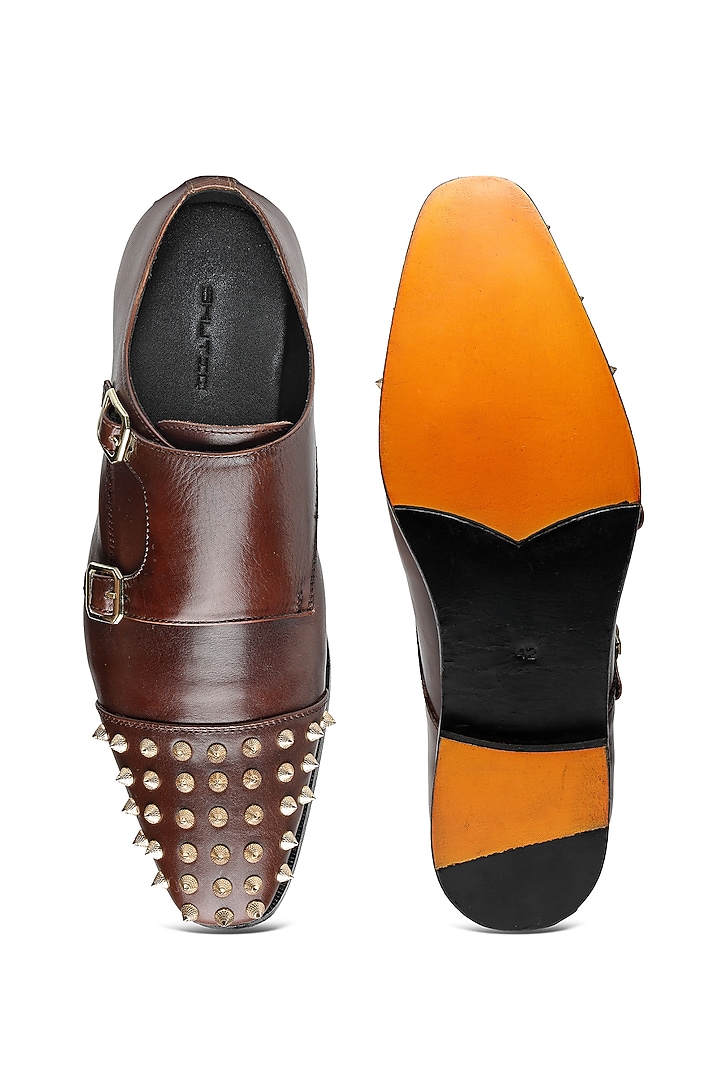 Brown Leather Embellished Monk Shoes by SHUTIQ at Pernia's Pop Up Shop