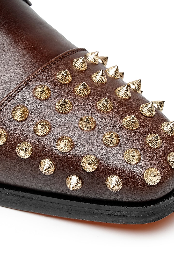 Brown Leather Embellished Monk Shoes by SHUTIQ at Pernia's Pop Up Shop