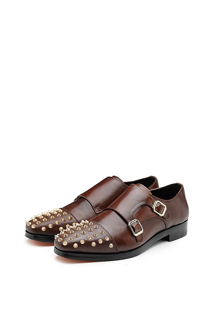 Brown Leather Embellished Monk Shoes by SHUTIQ at Pernia's Pop Up Shop