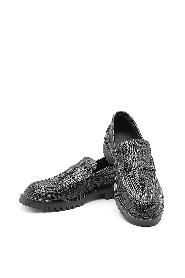 Black Herringbone Leather Slip-On Shoes by SHUTIQ