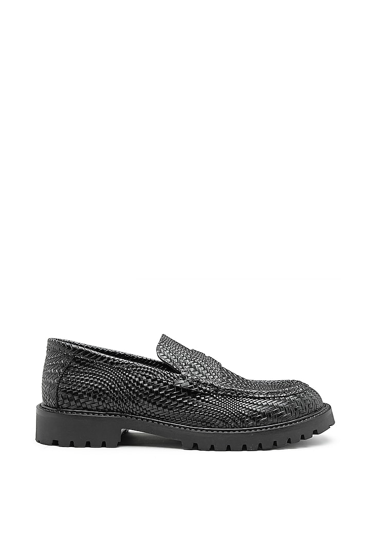 Black Herringbone Leather Slip-On Shoes by SHUTIQ at Pernia's Pop Up Shop