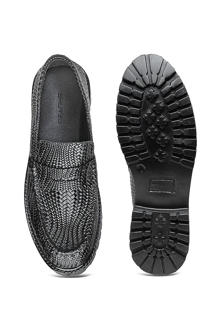 Black Herringbone Leather Slip-On Shoes by SHUTIQ at Pernia's Pop Up Shop