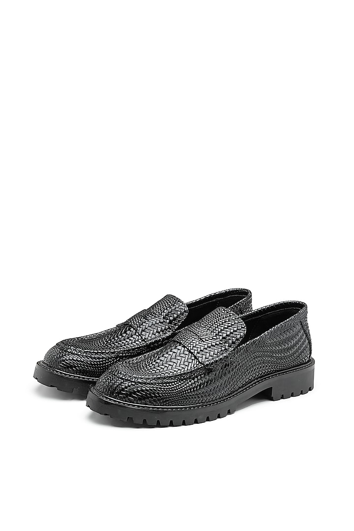 Black Herringbone Leather Slip-On Shoes by SHUTIQ at Pernia's Pop Up Shop