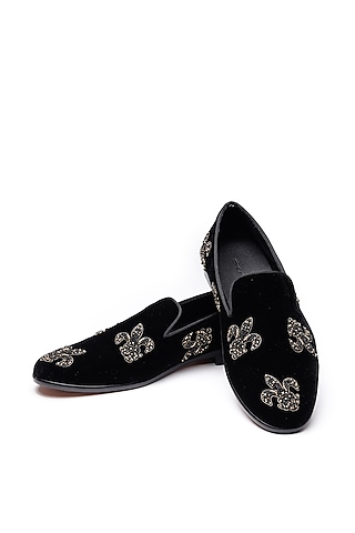 Black Velvet Hand Embroidered Slip-On Shoes by SHUTIQ