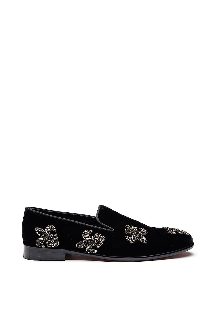 Black Velvet Hand Embroidered Slip-On Shoes by SHUTIQ at Pernia's Pop Up Shop