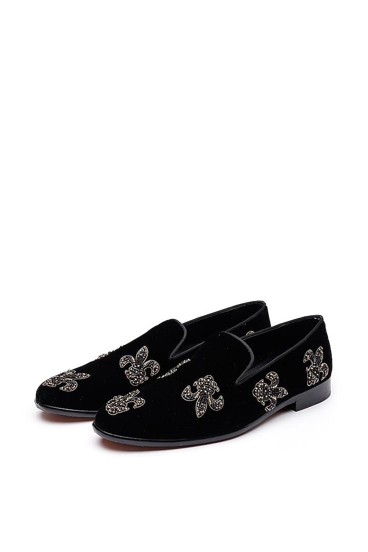 Black Velvet Hand Embroidered Slip-On Shoes by SHUTIQ at Pernia's Pop Up Shop