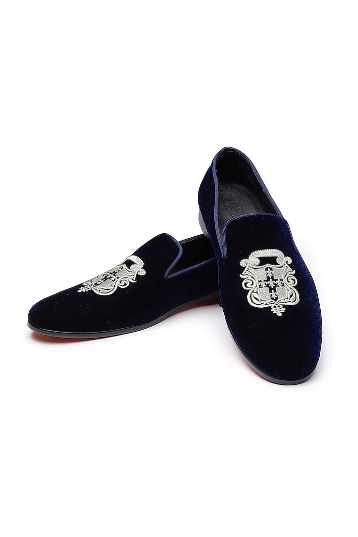 Blue Velvet Embroidered Slip-On Shoes by SHUTIQ