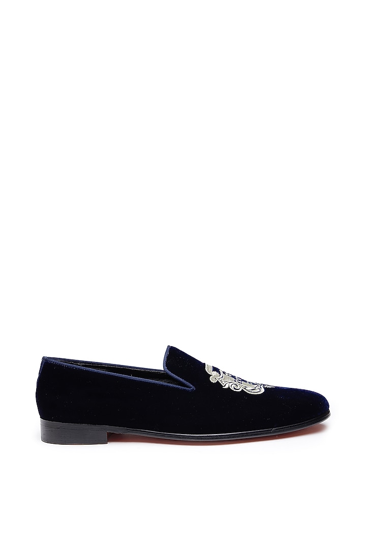 Blue Velvet Embroidered Slip-On Shoes by SHUTIQ at Pernia's Pop Up Shop