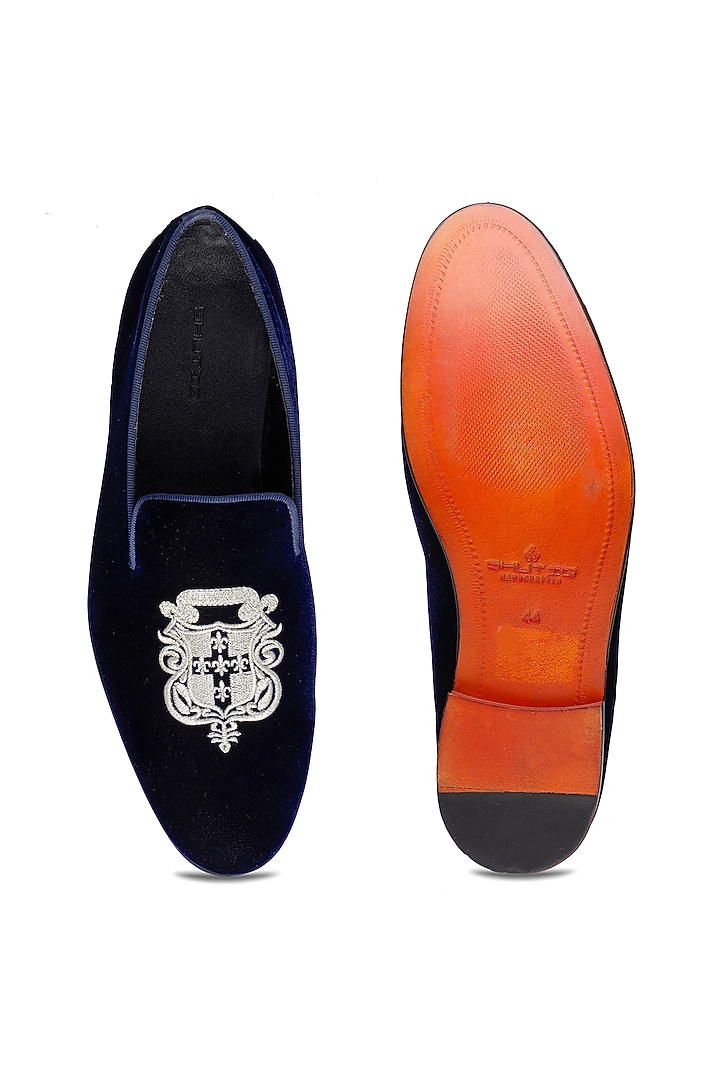 Blue Velvet Embroidered Slip-On Shoes by SHUTIQ at Pernia's Pop Up Shop