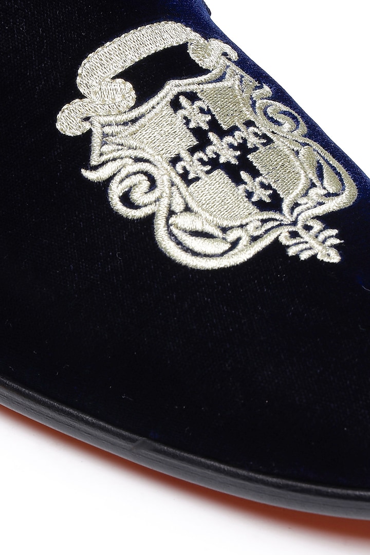 Blue Velvet Embroidered Slip-On Shoes by SHUTIQ at Pernia's Pop Up Shop