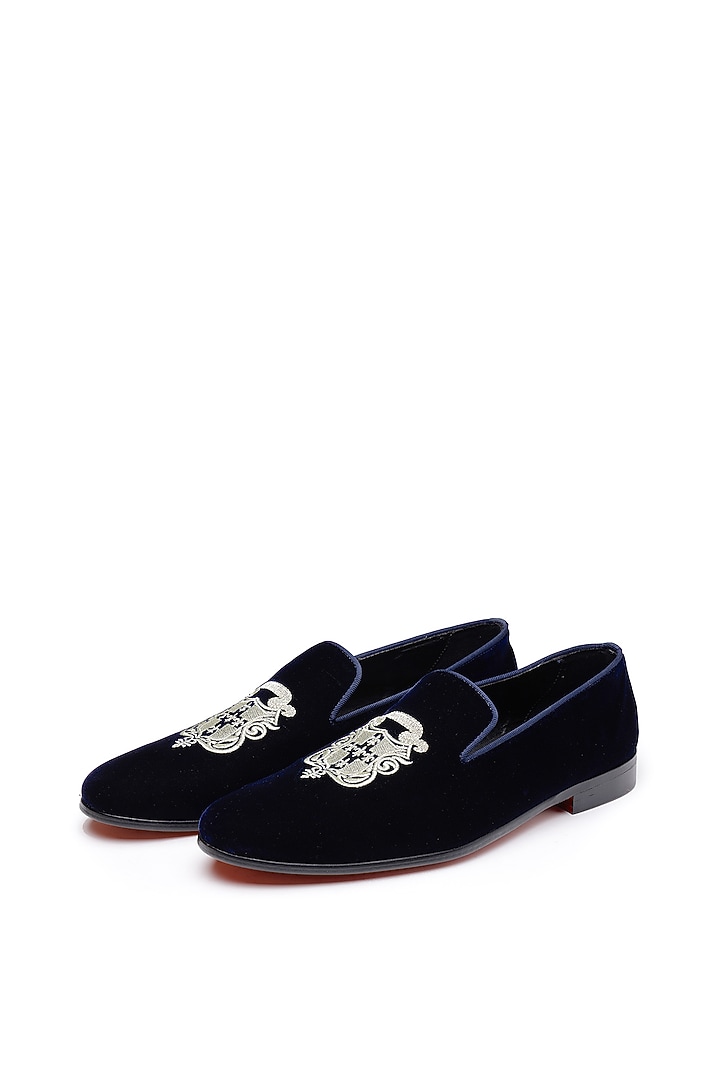 Blue Velvet Embroidered Slip-On Shoes by SHUTIQ at Pernia's Pop Up Shop