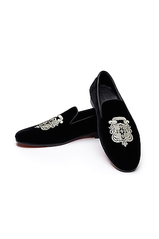 Black Velvet Embroidered Slip-On Shoes by SHUTIQ