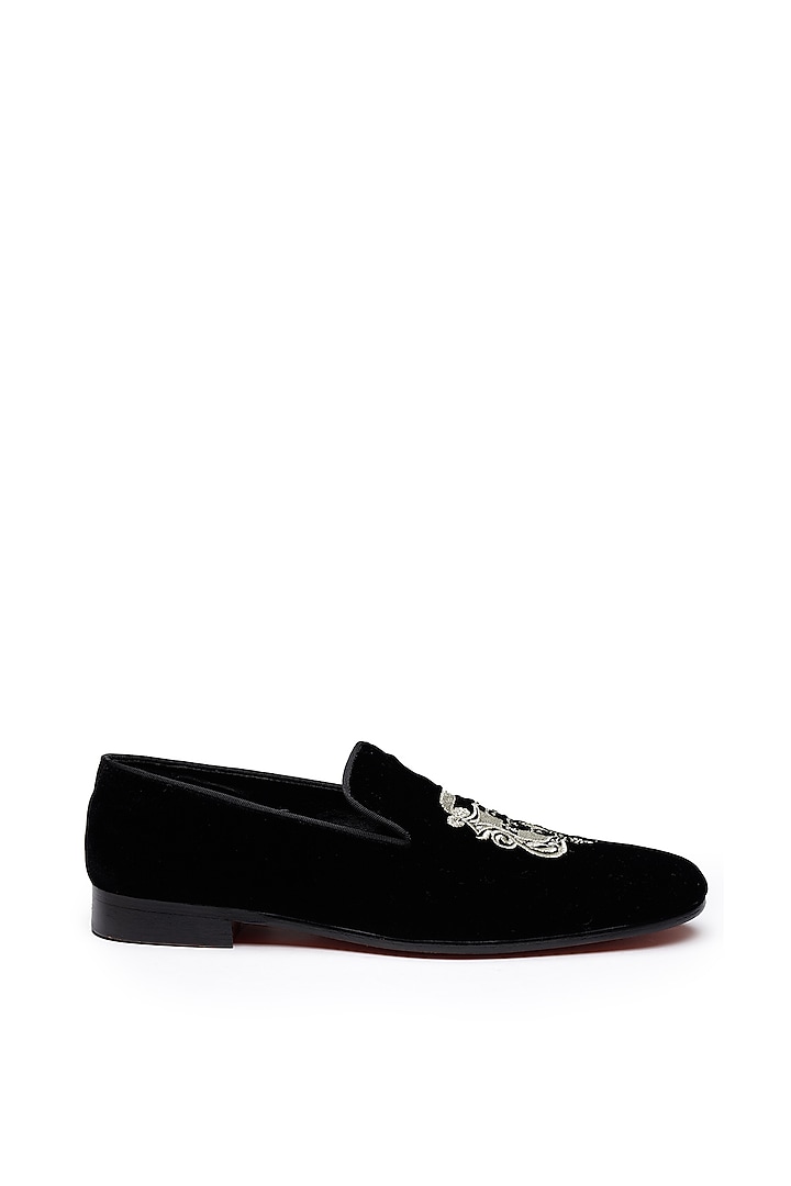 Black Velvet Embroidered Slip-On Shoes by SHUTIQ at Pernia's Pop Up Shop