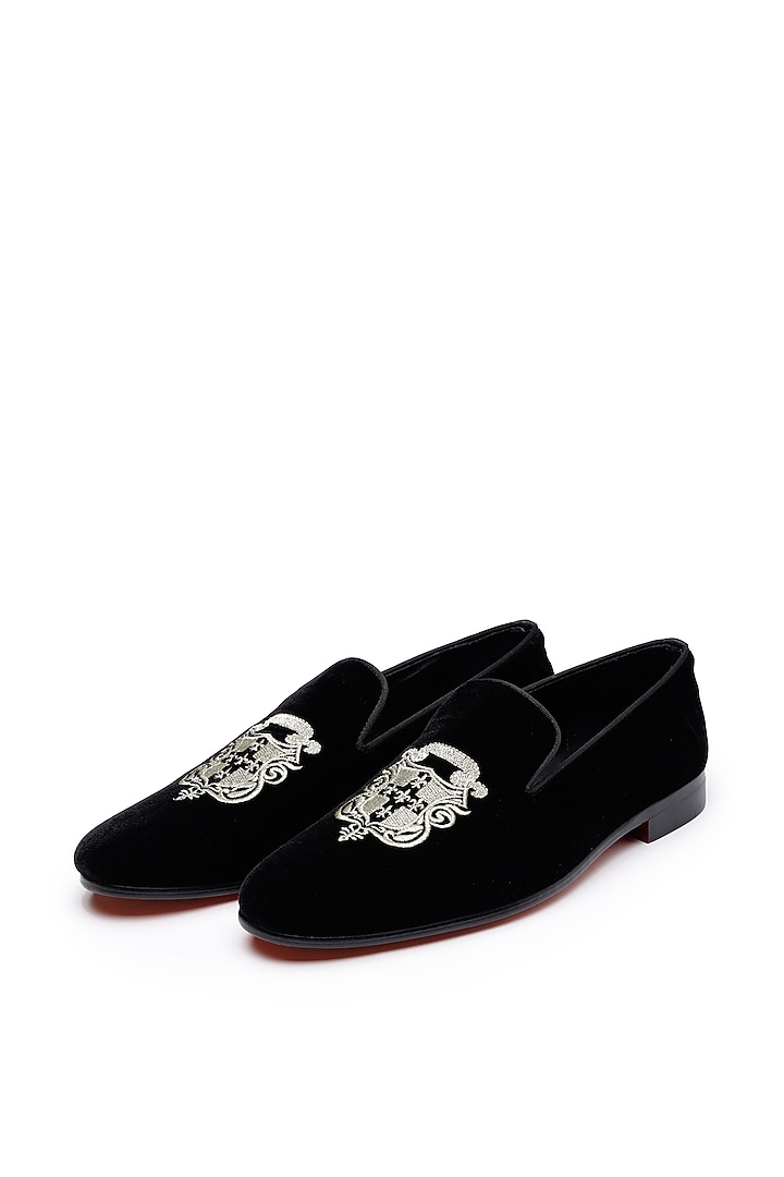 Black Velvet Embroidered Slip-On Shoes by SHUTIQ at Pernia's Pop Up Shop