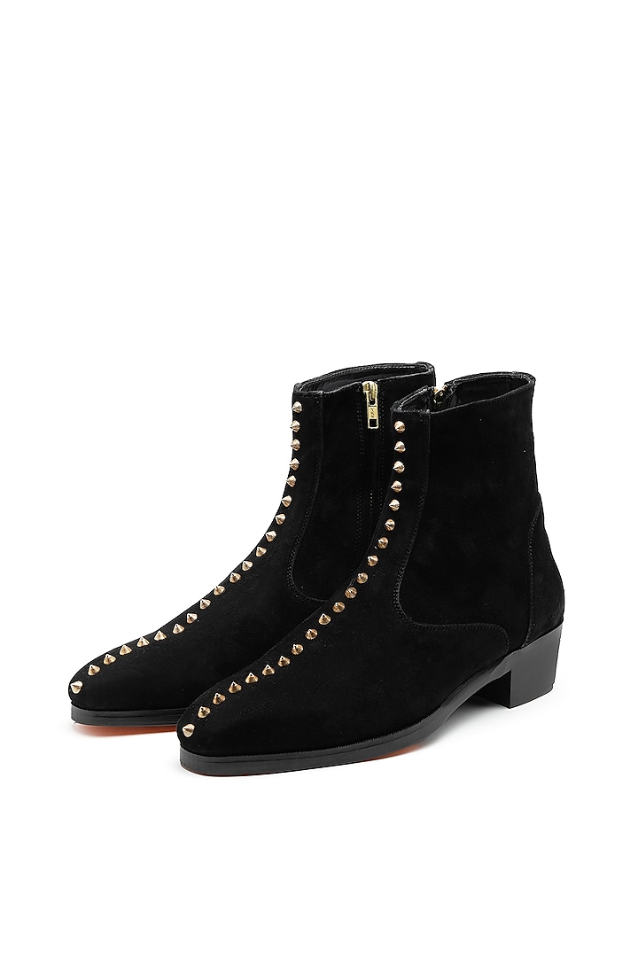 Black Suede Embellished Boots by SHUTIQ