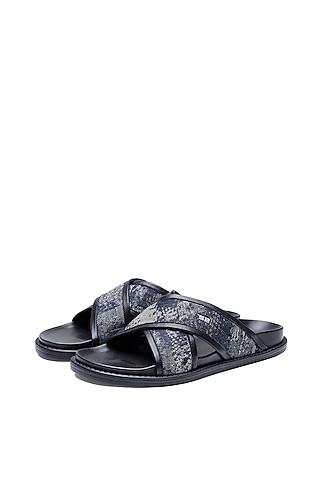 Navy Blue Denim & Leather Slip-Ons by SHUTIQ