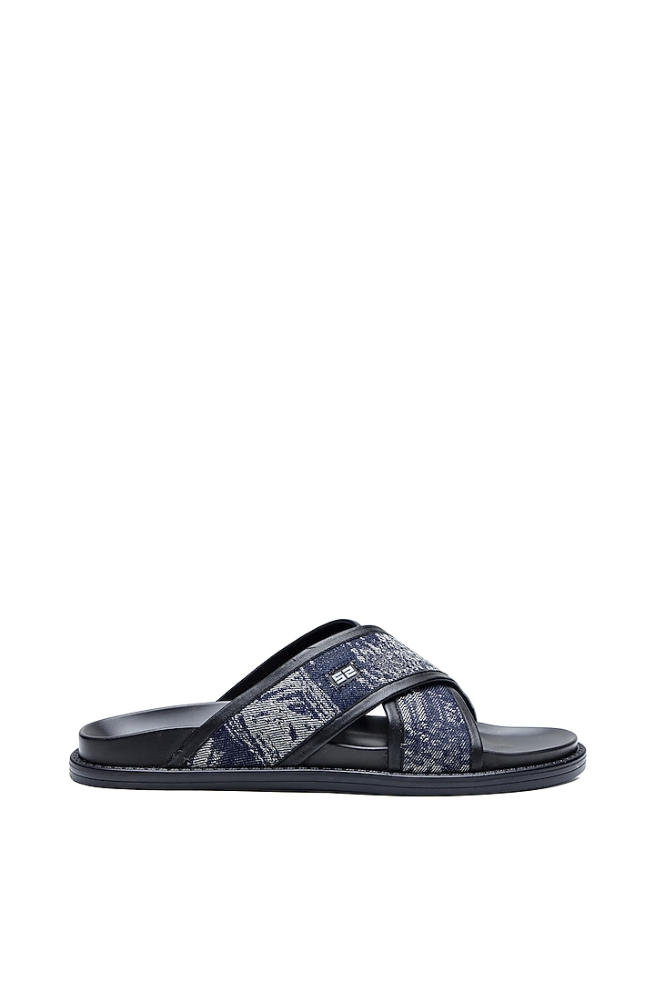 Navy Blue Denim & Leather Slip-Ons by SHUTIQ at Pernia's Pop Up Shop