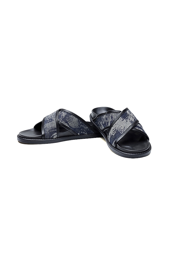 Navy Blue Denim & Leather Slip-Ons by SHUTIQ at Pernia's Pop Up Shop
