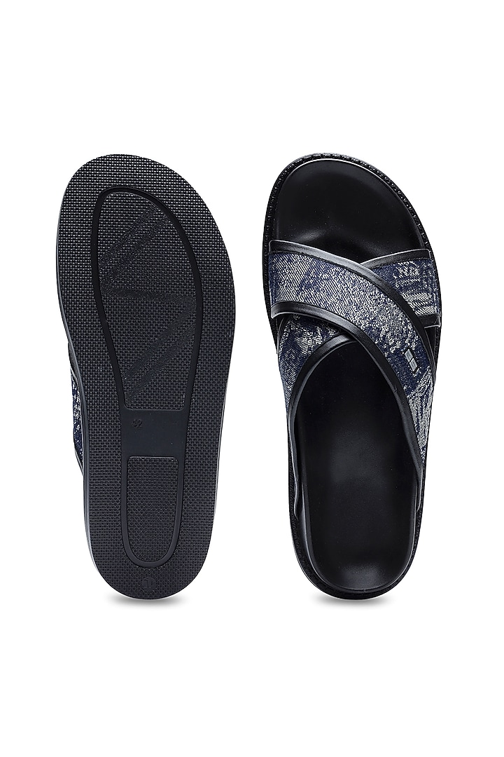 Navy Blue Denim & Leather Slip-Ons by SHUTIQ at Pernia's Pop Up Shop