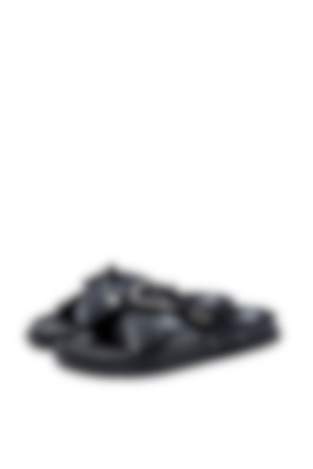 Black Leather Criss-Cross Strap Slip-Ons by SHUTIQ at Pernia's Pop Up Shop