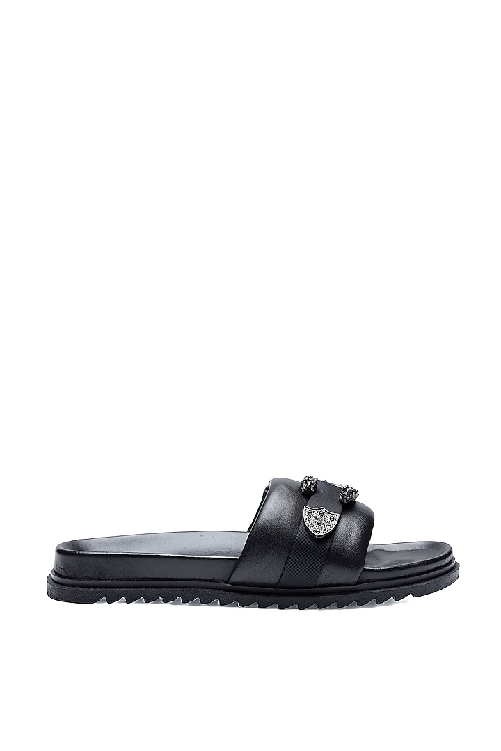 Black Leather Criss-Cross Strap Slip-Ons by SHUTIQ at Pernia's Pop Up Shop