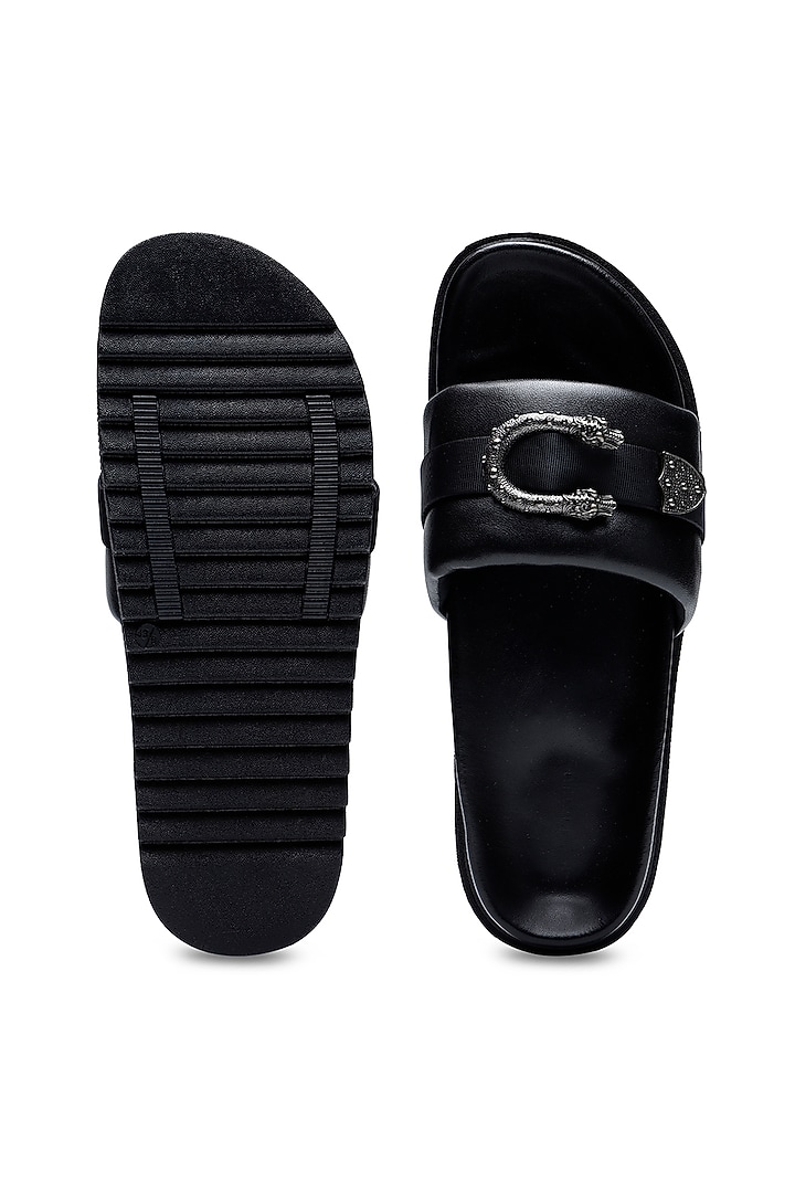 Black Leather Criss-Cross Strap Slip-Ons by SHUTIQ at Pernia's Pop Up Shop