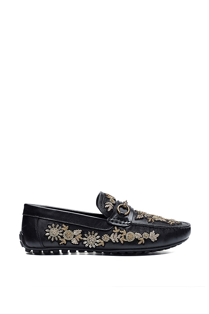 Black Leather Floral Embroidered Loafers by SHUTIQ at Pernia's Pop Up Shop