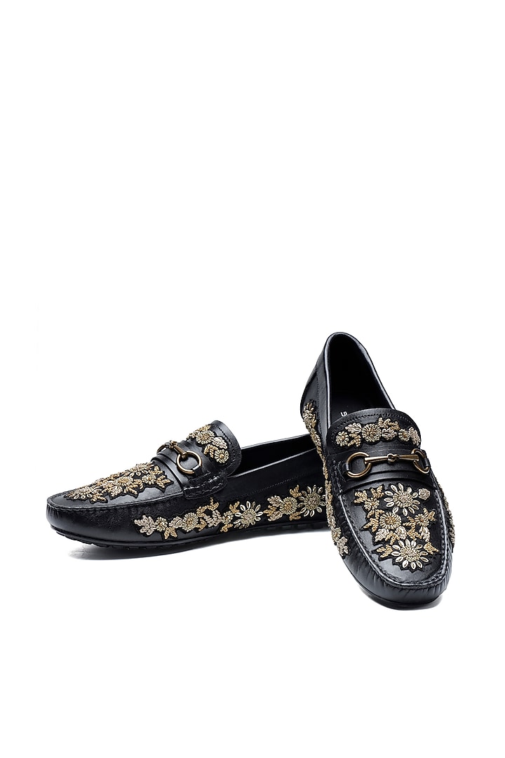 Black Leather Floral Embroidered Loafers by SHUTIQ at Pernia's Pop Up Shop
