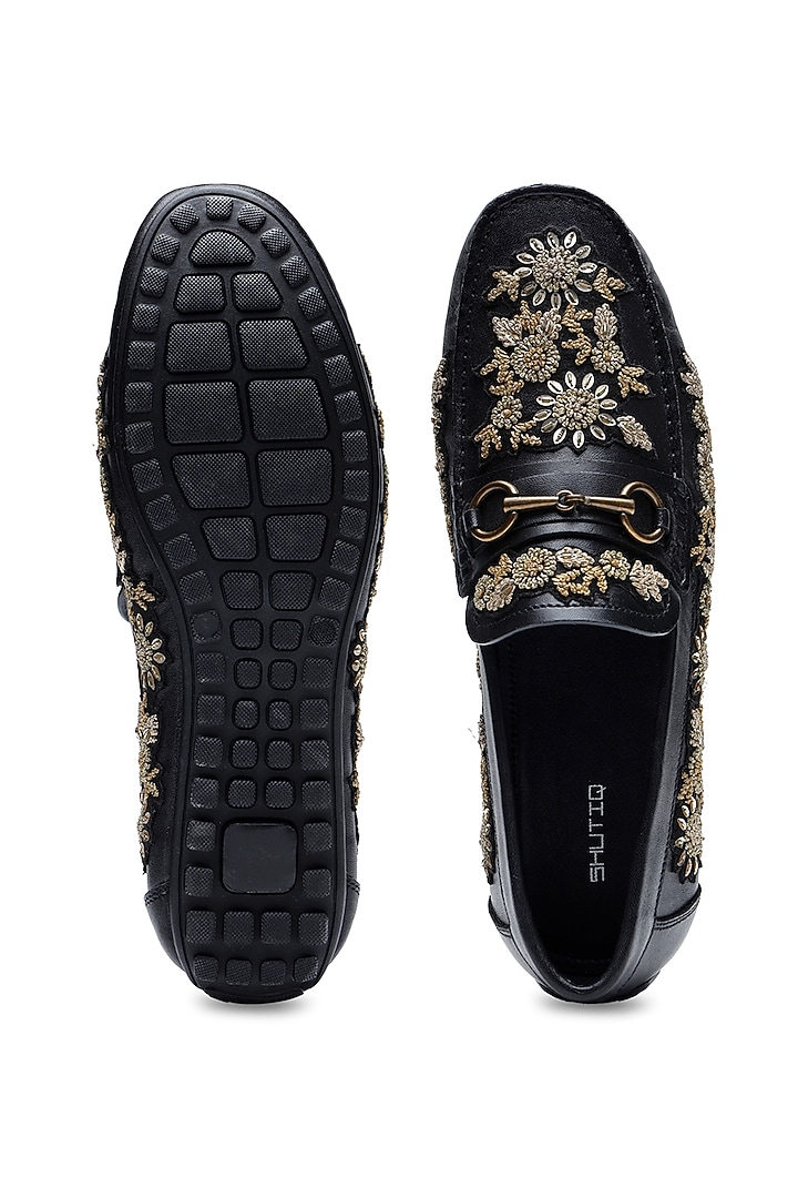 Black Leather Floral Embroidered Loafers by SHUTIQ at Pernia's Pop Up Shop