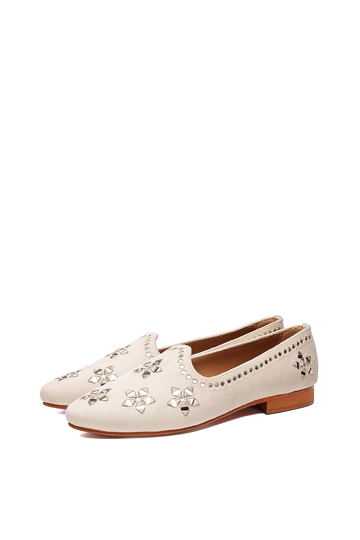 Ivory Suede Mirror Work Juttis by SHUTIQ at Pernia's Pop Up Shop