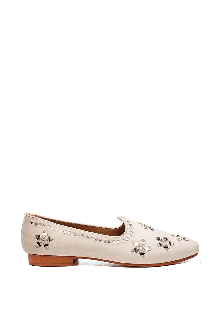 Ivory Suede Mirror Work Juttis by SHUTIQ at Pernia's Pop Up Shop