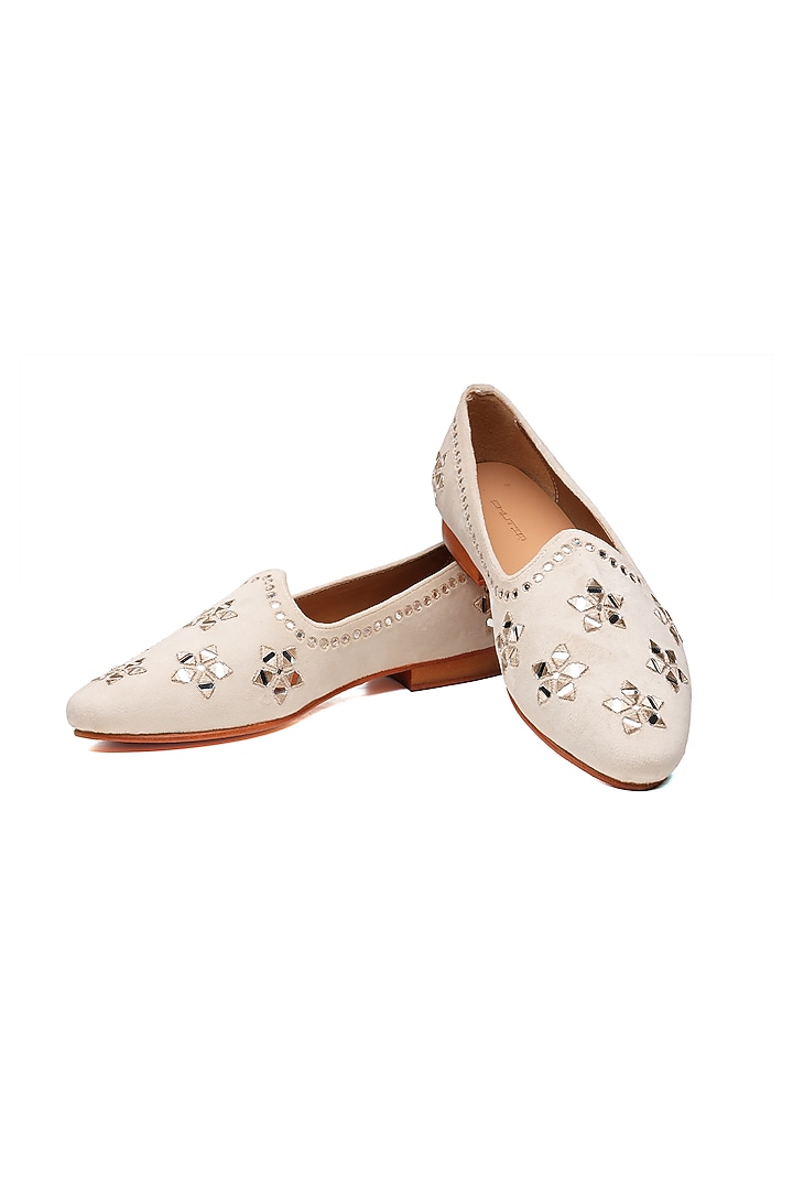 Ivory Suede Mirror Work Juttis by SHUTIQ at Pernia's Pop Up Shop