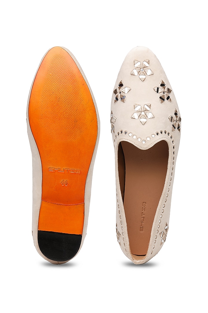 Ivory Suede Mirror Work Juttis by SHUTIQ at Pernia's Pop Up Shop