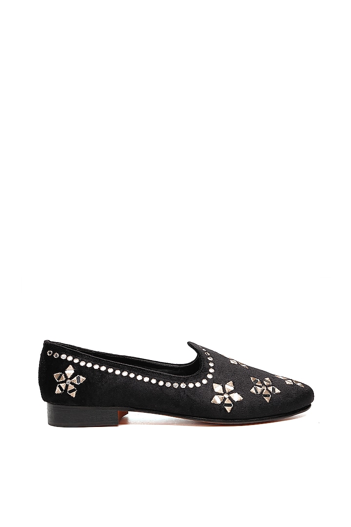 Black Suede Mirror Work Juttis by SHUTIQ at Pernia's Pop Up Shop