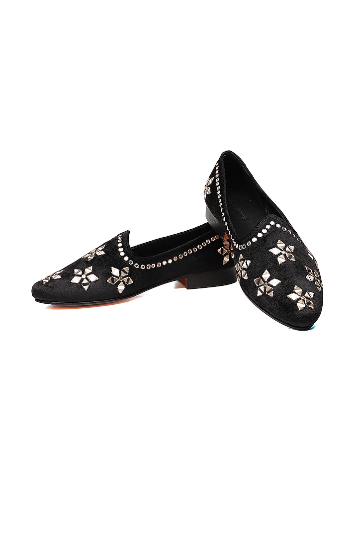 Black Suede Mirror Work Juttis by SHUTIQ at Pernia's Pop Up Shop