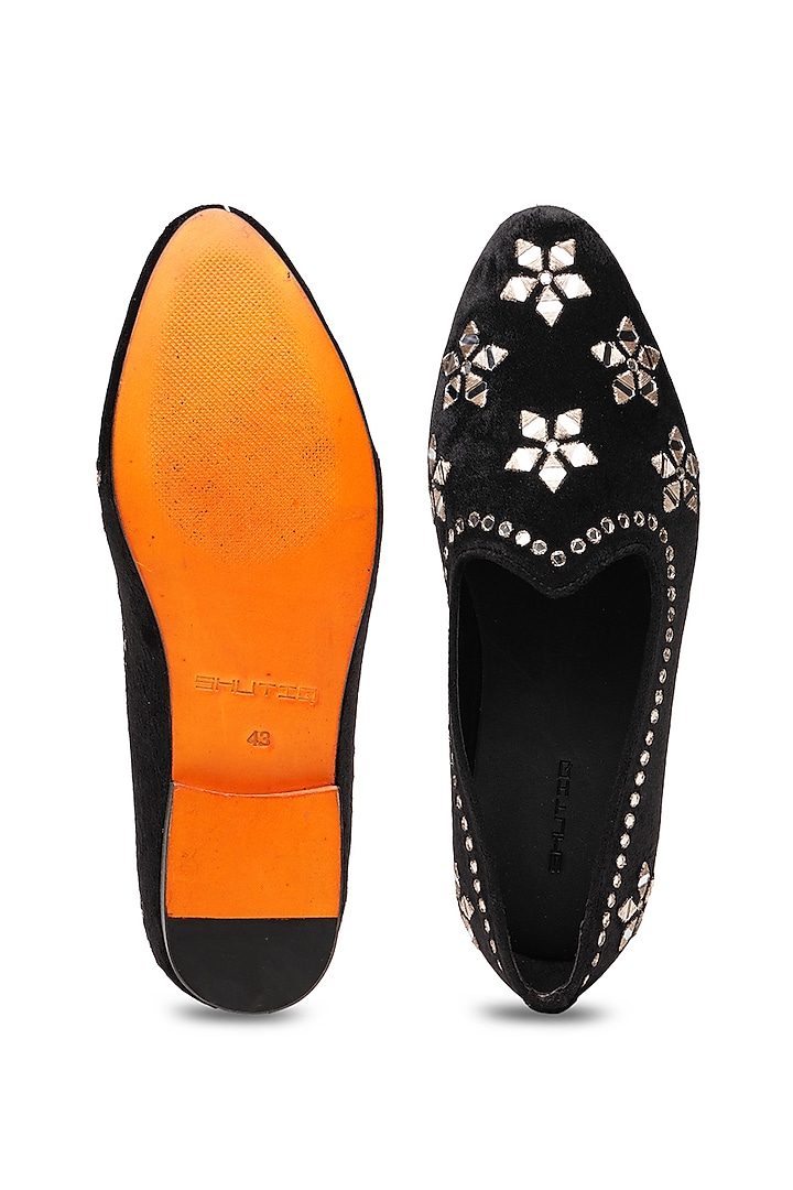 Black Suede Mirror Work Juttis by SHUTIQ at Pernia's Pop Up Shop