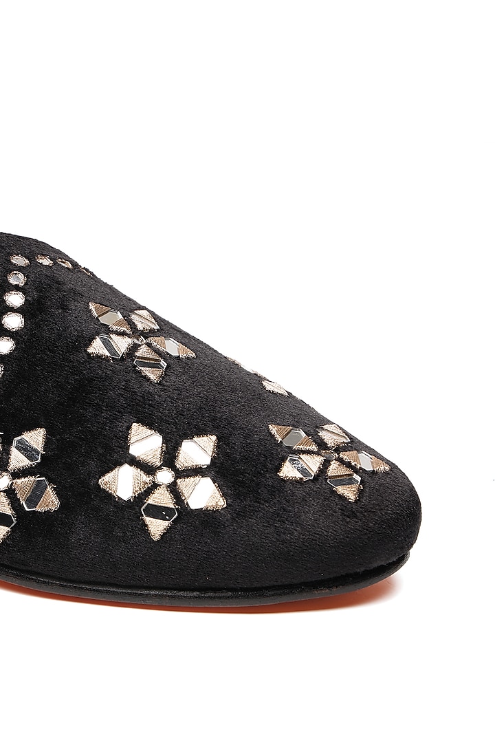 Black Suede Mirror Work Juttis by SHUTIQ at Pernia's Pop Up Shop