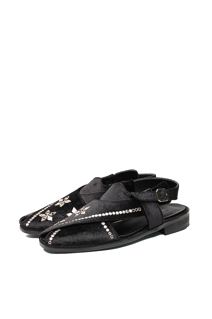Black Velvet Mirror Embellished Sandals by SHUTIQ at Pernia's Pop Up Shop