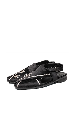 Black Velvet Mirror Embellished Sandals by SHUTIQ