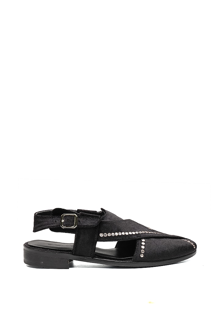 Black Velvet Mirror Embellished Sandals by SHUTIQ at Pernia's Pop Up Shop