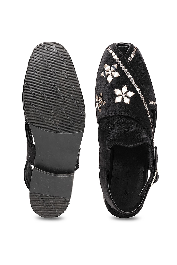 Black Velvet Mirror Embellished Sandals by SHUTIQ at Pernia's Pop Up Shop