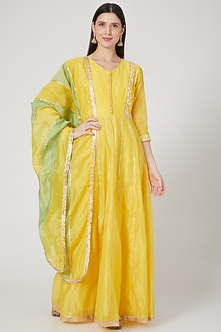 Yellow Embellished Anarkali Set by Shree Tatvam