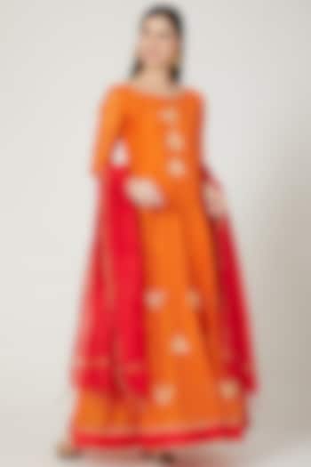 Orange Chanderi Floral Anarkali Set by Shree Tatvam